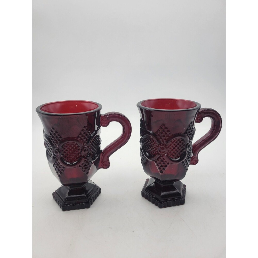 Set of 2 Vintage Avon 1876 Cape Cod Ruby Red Glass Mugs Pedestal Cups 4 7/8"